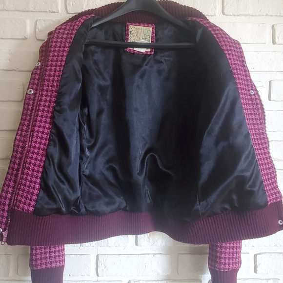 Billabong Lumber Jane Pink Plaid Tartan Wool Houndstooth Bomber Jacket Coat - Picture 13 of 16